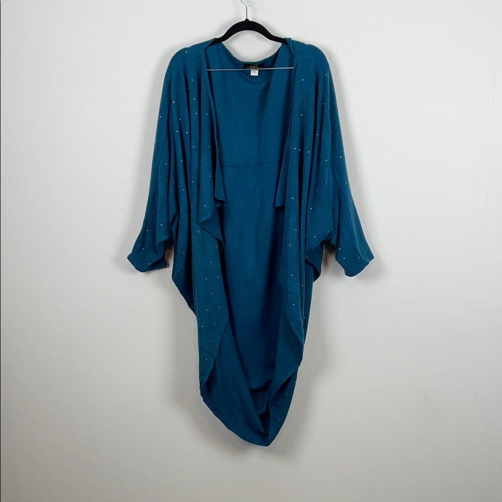 Joan Boyce Cashmere Acrylic Teal Open Front Cardigan Studded Details Women's L